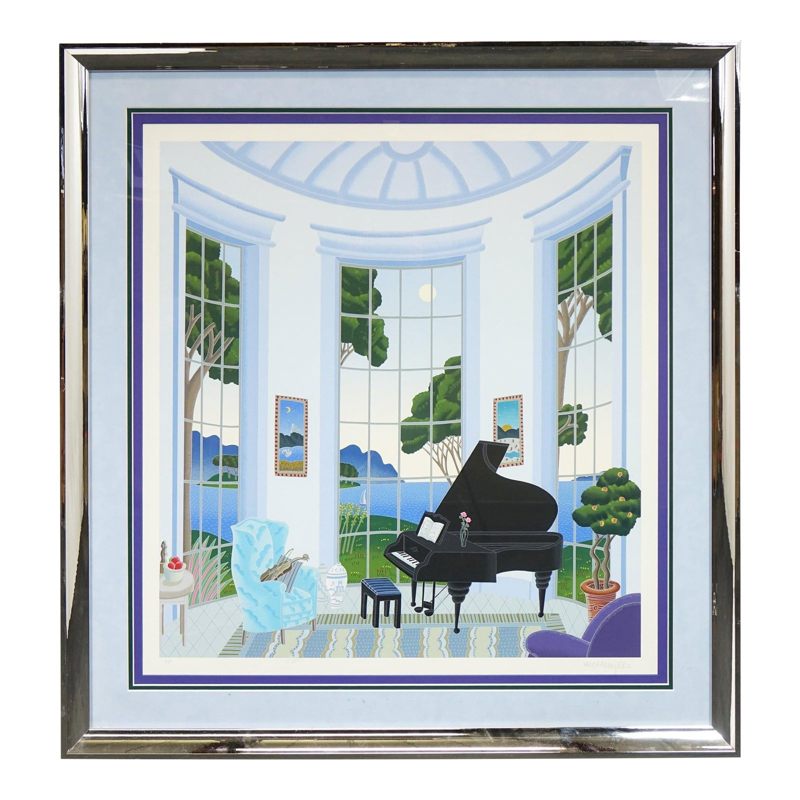 Swan Lake by Thomas McKnight - Screen Print Signed, Framed: Swan Lake by Thomas McKnight is a captivating screen print that transports the viewer into a serene, elegant interior filled with light, stillness, and suggestion. Set within a grand domed