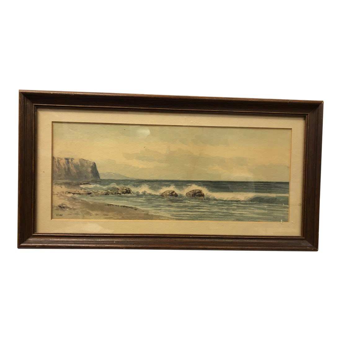 Where the Tide Whispers - Original Watercolor Signed on the Bottom: This tranquil original watercolor captures a moment of quiet coastal beauty with gentle realism and delicate brushwork. The painting depicts a serene shoreline where soft waves roll inward, breaking