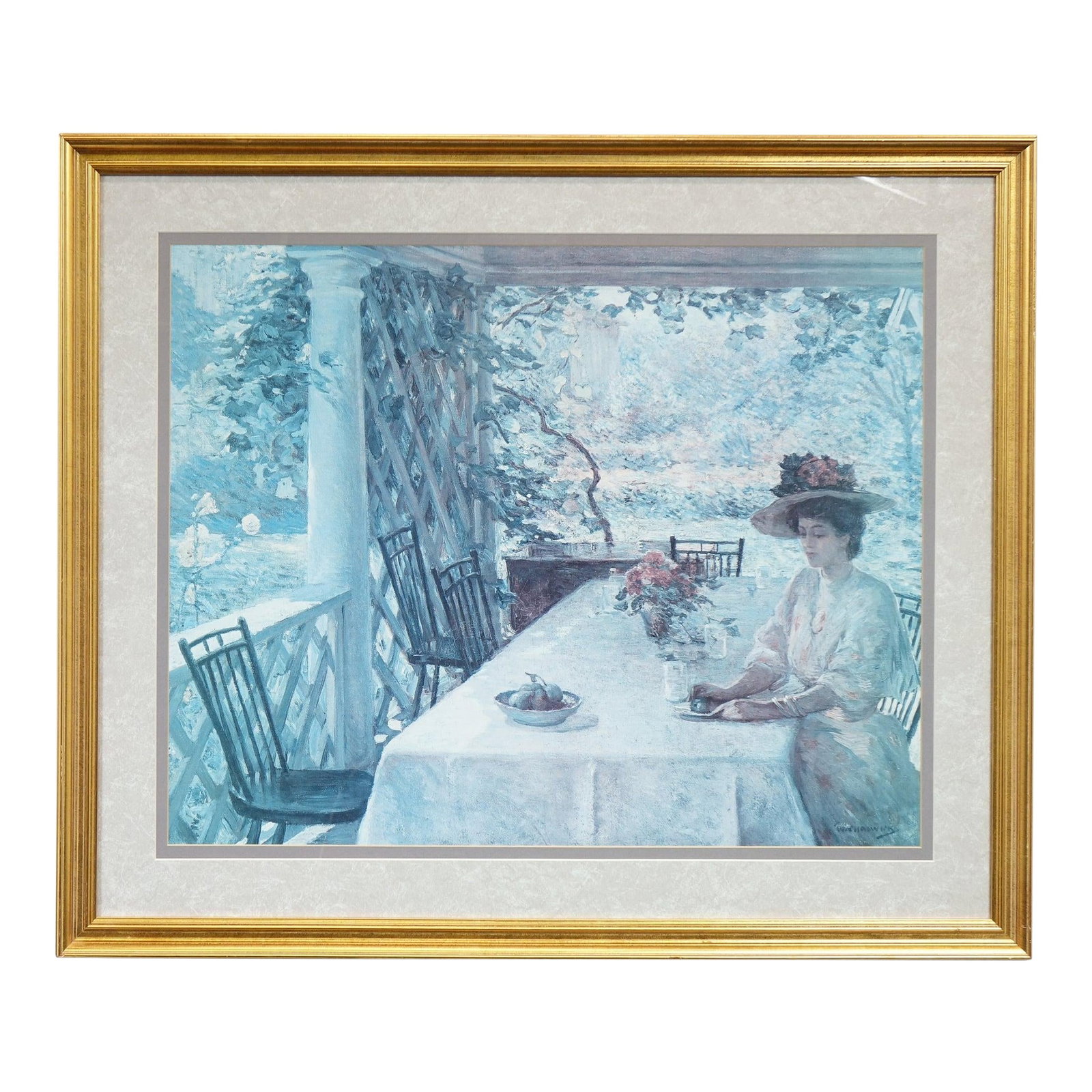 On the Porch - Late 20th Century Impressionist Print of Original Oil Painting on Canvas Signed, Fr: Impressionist Print of Original Oil Painting on Canvas This elegant framed print of an original painting titled "On the Porch" by American impressionist artist William Chadwick captures the quiet, ref