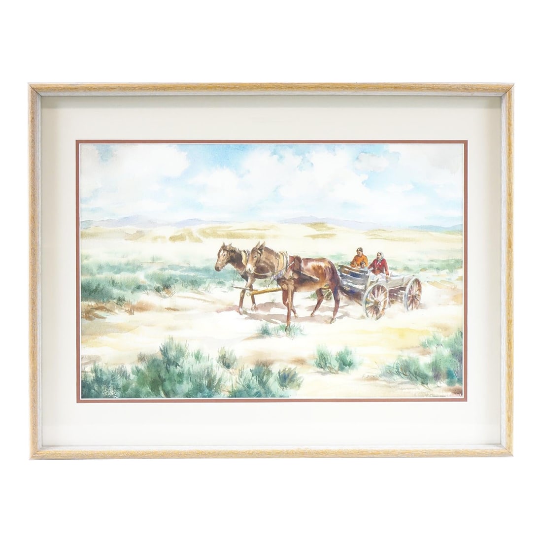 Desert Daylight Journey - Mid 20th Century Original Watercolor on Paper Signed, Framed: This evocative original watercolor captures a quiet yet powerful moment on the open plain, rendered in a style that blends elements of realism and impressionism. Two horses pull a rustic wooden wagon 