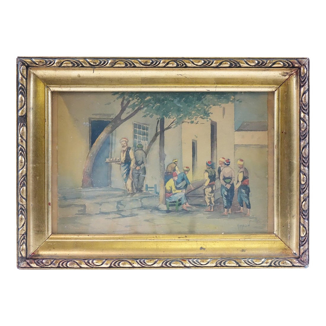 Men of the Midday Sun - Mid 20th Century Original Watercolor on Paper Signed, Framed: This original watercolor on paper gently captures a quiet yet vivid moment of everyday life, rendered in a realist style with impressionistic sensitivity. Set in what appears to be a village, the comp