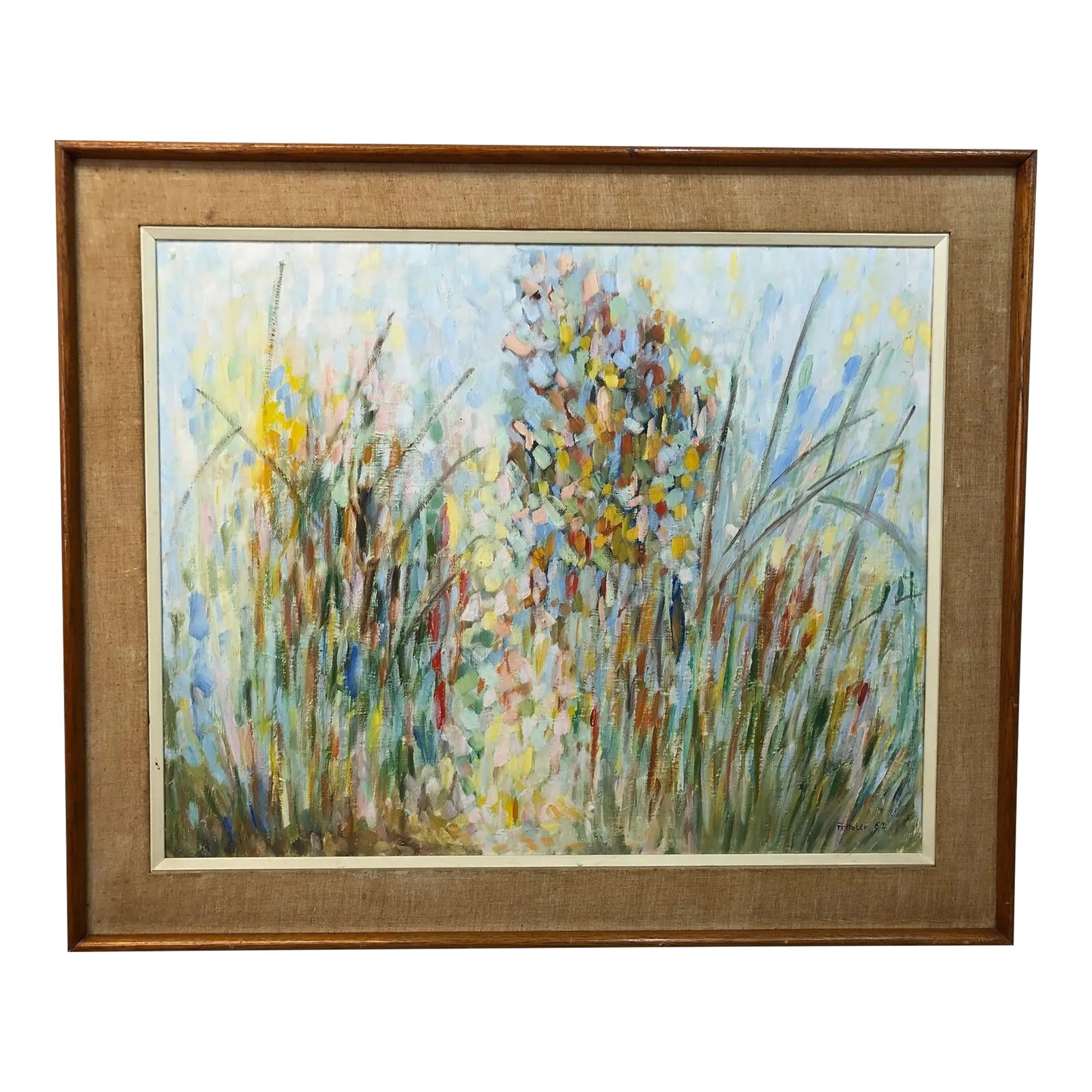 Whispers in Bloom - Abstract Oil on Board, Signed on the Bottom 1962, Framed: This expressive abstract oil painting captures the joyful chaos of nature in full bloom. Painted in 1962, the composition suggests a lush, overgrown garden or wildflower meadow, conveyed through a