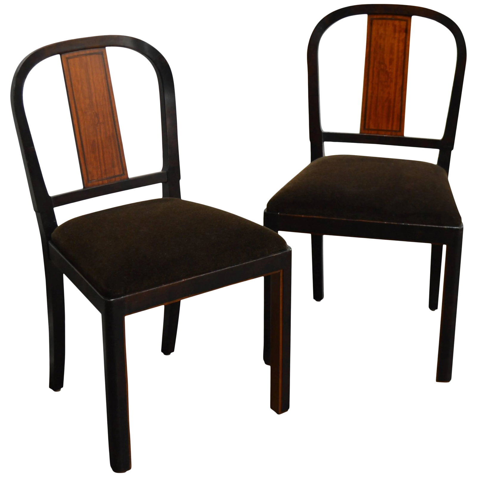 Carl Malmsten Swedish Grace Inlaid Side Chairs - a Pair: Fantastic pair of Carl Malmsten chairs inlaid rosewood and flame birch. Contrasting wood detail on the inside legs and back. Restored and finished on all sides. New chocolate brown mohair upholstered 