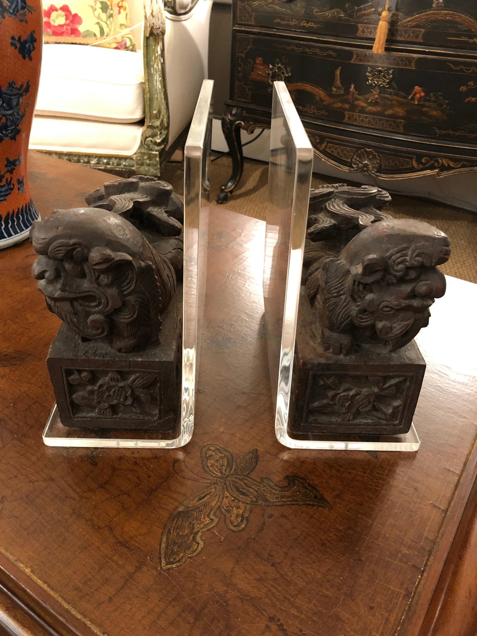 Carved Wood Foo Dogs and Lucite Bookends - a Pair - 7