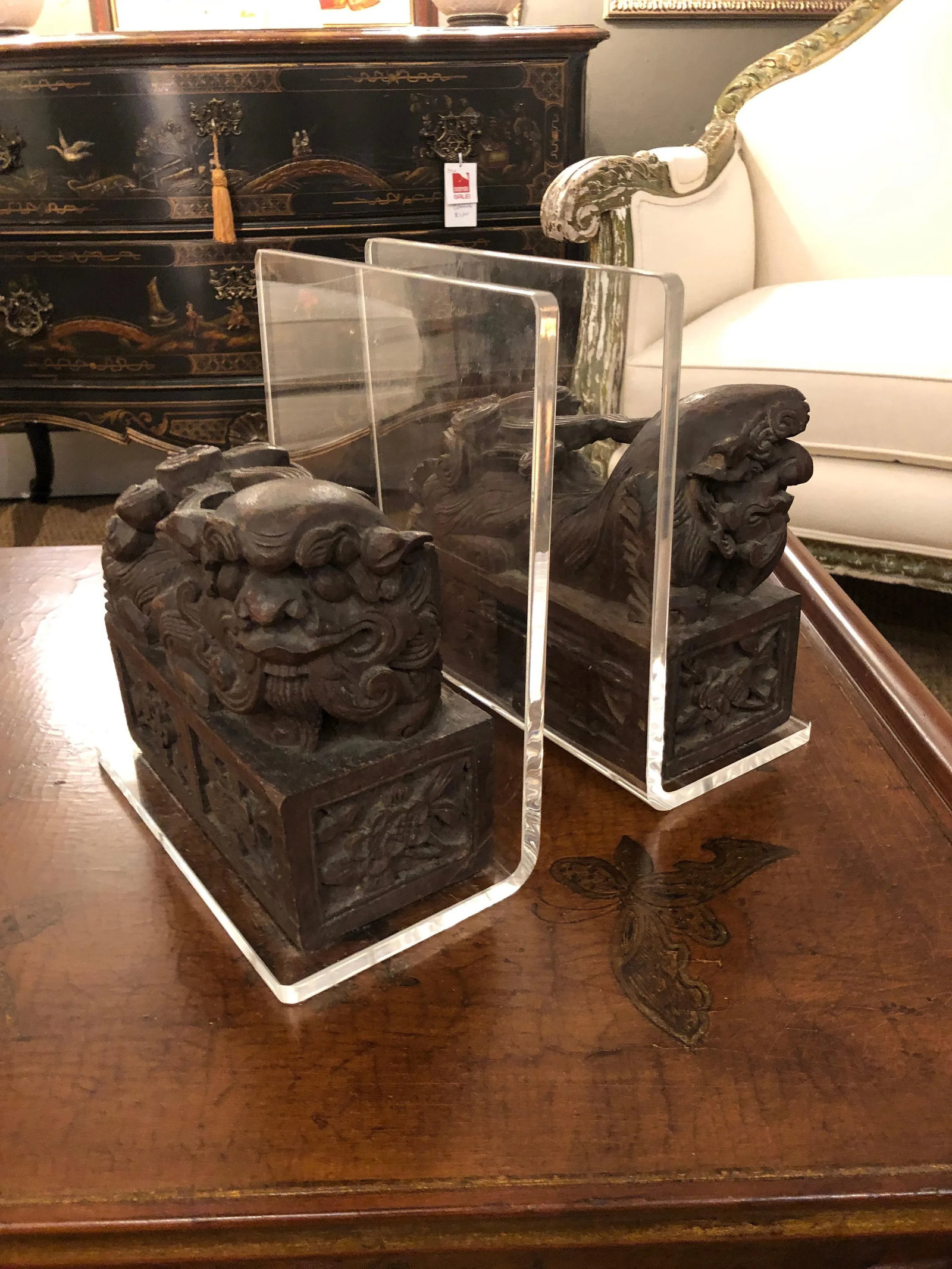 Carved Wood Foo Dogs and Lucite Bookends - a Pair - 8