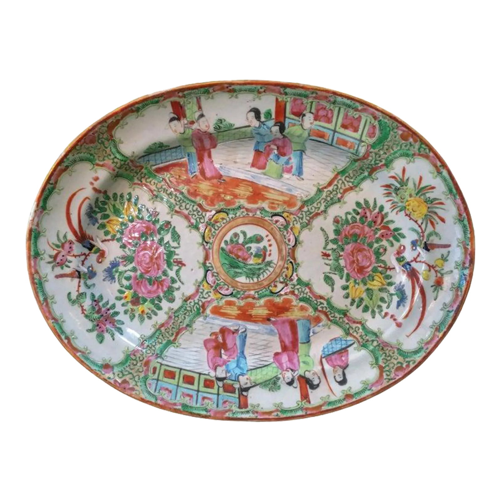 19thc Chinese Export Rose Medallion Platter: This lovely Chinese export Rose Medallion platter was hand painted in the first half of the 19th century with overglaze enamels of pinks, rust, greens, blue, black and yellow over a white background.
