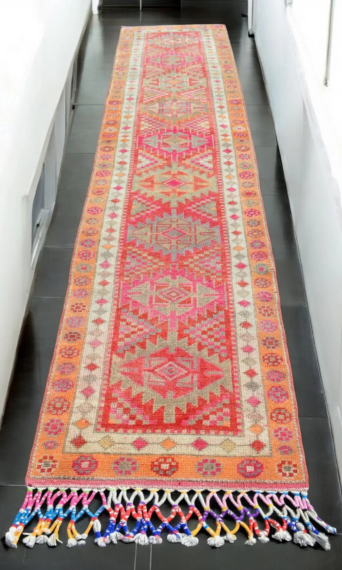 Hand-Knotted Distressed Turkish Runner Rug . Low Pile Faded Tribal Herki Runner Rug 2"²11"³ - 2