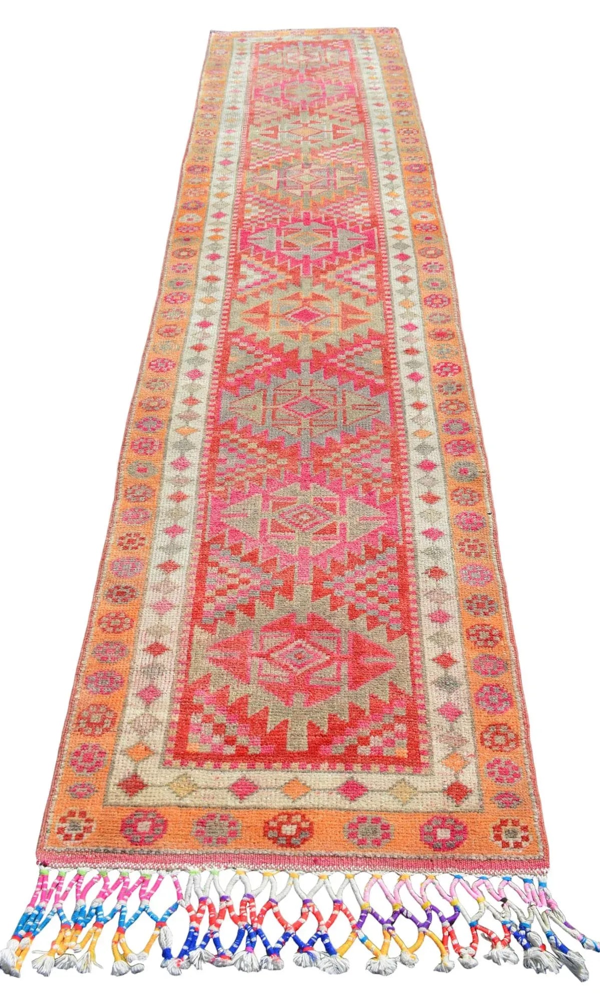 Hand-Knotted Distressed Turkish Runner Rug . Low Pile Faded Tribal Herki Runner Rug 2"²11"³ - 4