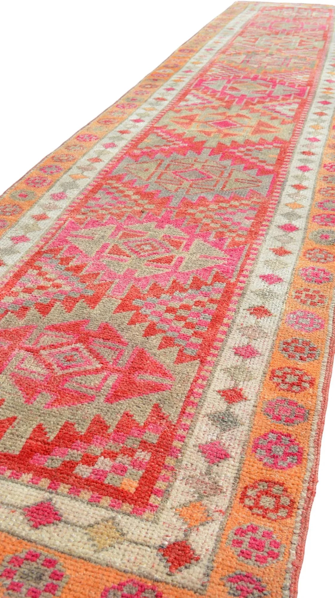 Hand-Knotted Distressed Turkish Runner Rug . Low Pile Faded Tribal Herki Runner Rug 2"²11"³ - 6