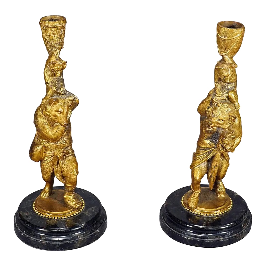 A Pair Victorian Casted and Gilded Iron Candle Stick With Bears: A Pair Victorian Casted and Gilded Iron Candle Stick with Bears A pair great Victorian casted iron candle sticks with gilded finish and marble base, Germany circa 1860. Each depicting a mother bear