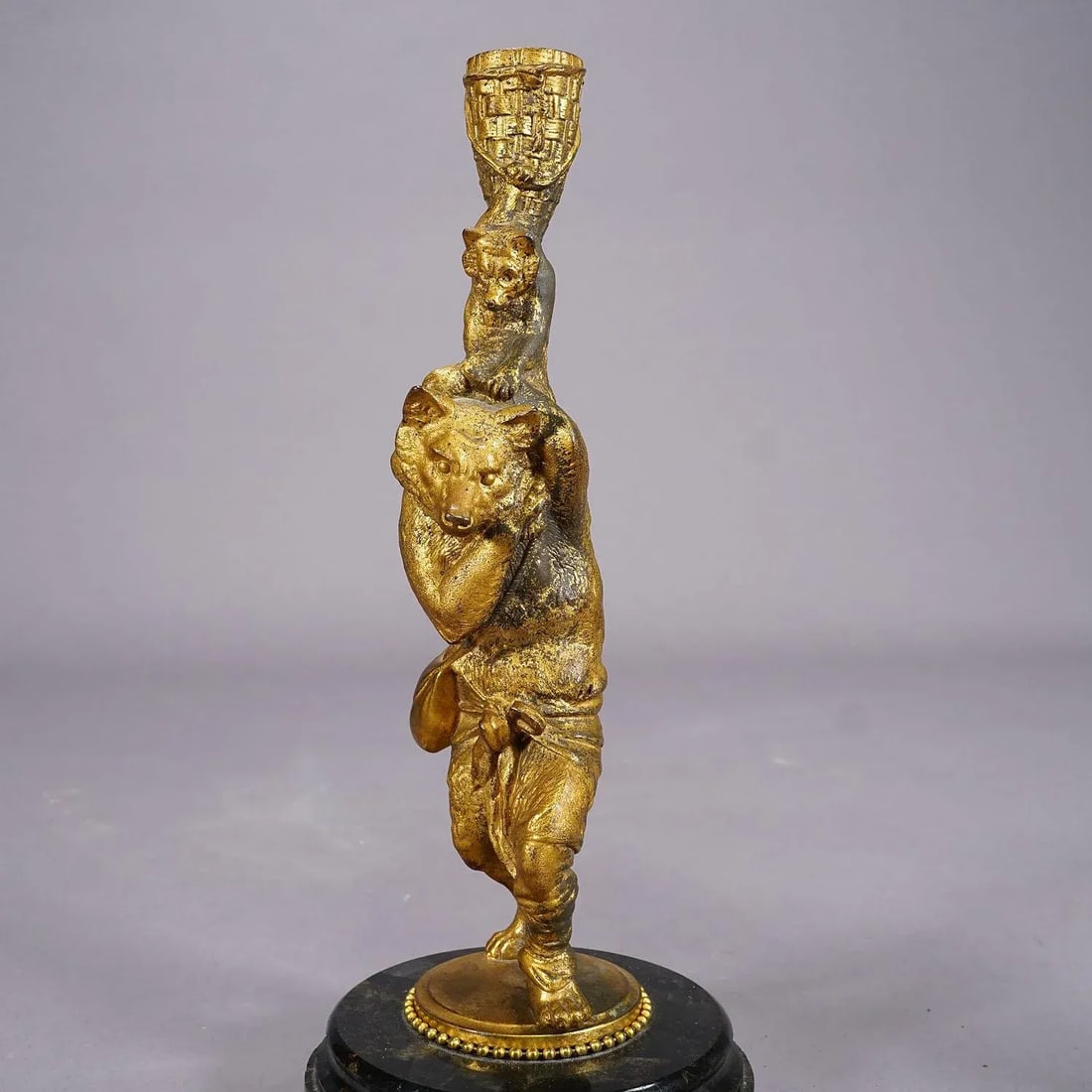 A Pair Victorian Casted and Gilded Iron Candle Stick With Bears - 3
