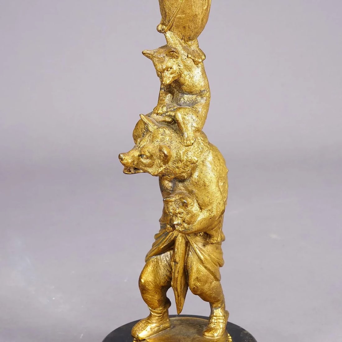 A Pair Victorian Casted and Gilded Iron Candle Stick With Bears - 4