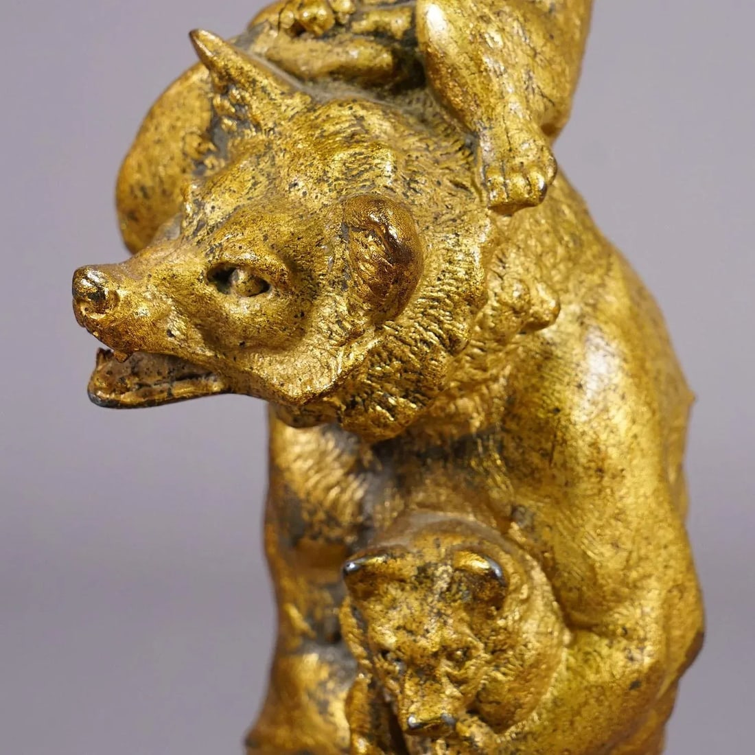 A Pair Victorian Casted and Gilded Iron Candle Stick With Bears - 5