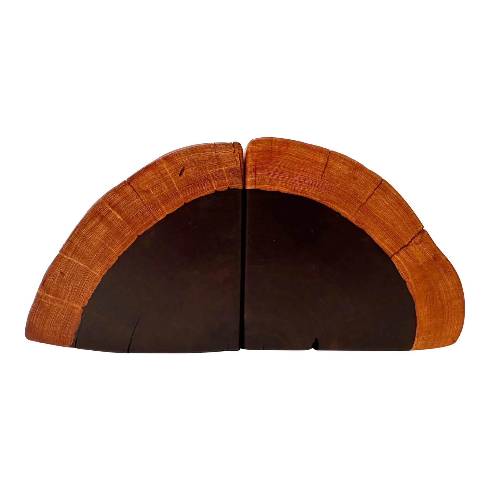 Mid-Century Vintage Wood Bookends - Set of 2: This pair of vintage black walnut bookends makes a nice accent on a shelf design or table. The crosscut design showcases the rings of the tree on the outside, as well as the distressed wormhole