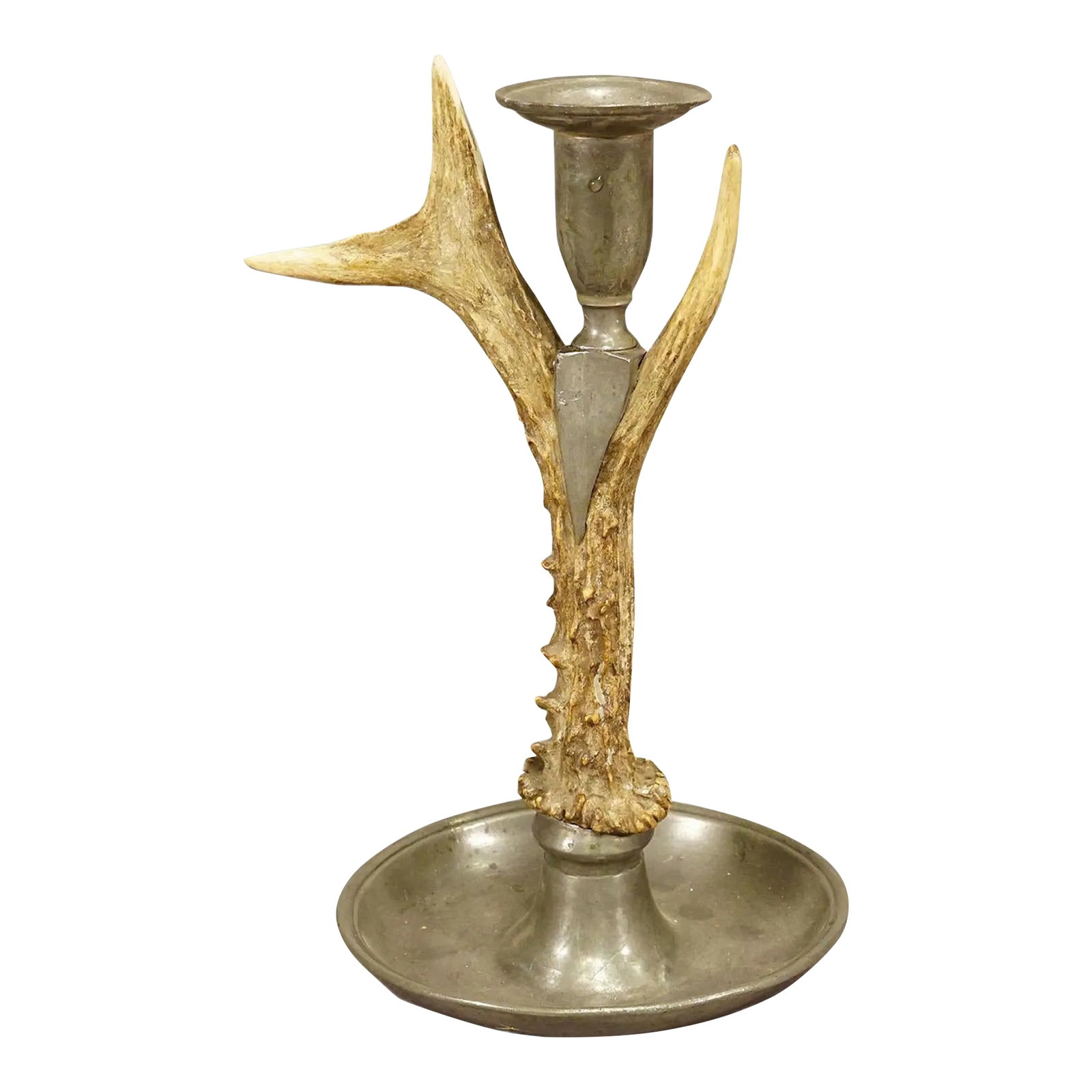 Black Forest Candle Holder With Pewter Base and Spout, Germany Ca. 1860s: Black Forest Candle Holder with Pewter Base and Spout, Germany ca. 1860s An antique Black Forest candle holder with pewter base and spout. Made with an original deer horn. Manufactured in South