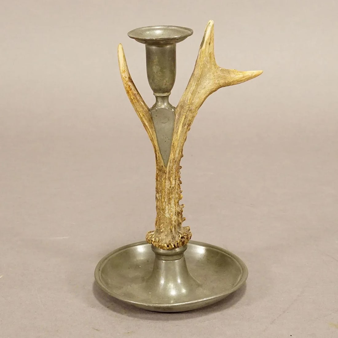 Black Forest Candle Holder With Pewter Base and Spout, Germany Ca. 1860s - 2