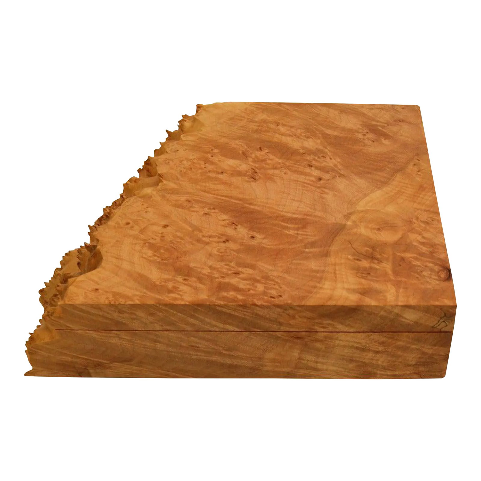 Michael Elkan Hinged Burl Jewelry Box: Wonderful Michael Elkan Burl Box, hinged top opens to revel open space for jewelry, keepsakes etc. American Craft Studio made box, by recognized master of woodworking. Condition: Alterations: