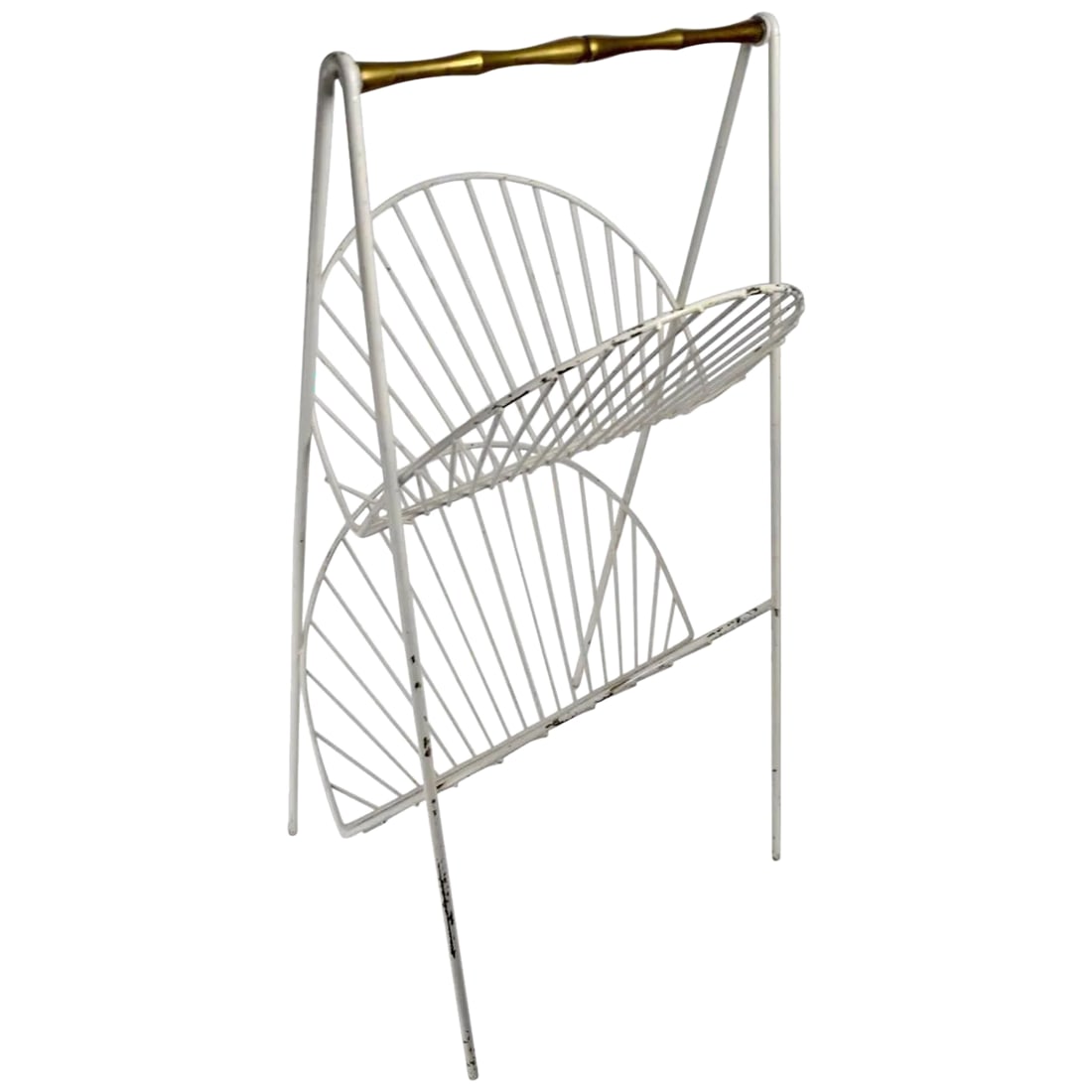 Iron and Brass Catch All Shelf Magazine Rack: Stylish and dramatic iron and brass two-tier stand, functions as a magazine rack or catch all for a bathroom etc. The shelves are iron of semi circular form, the handle is faux bamboo, in solid cast