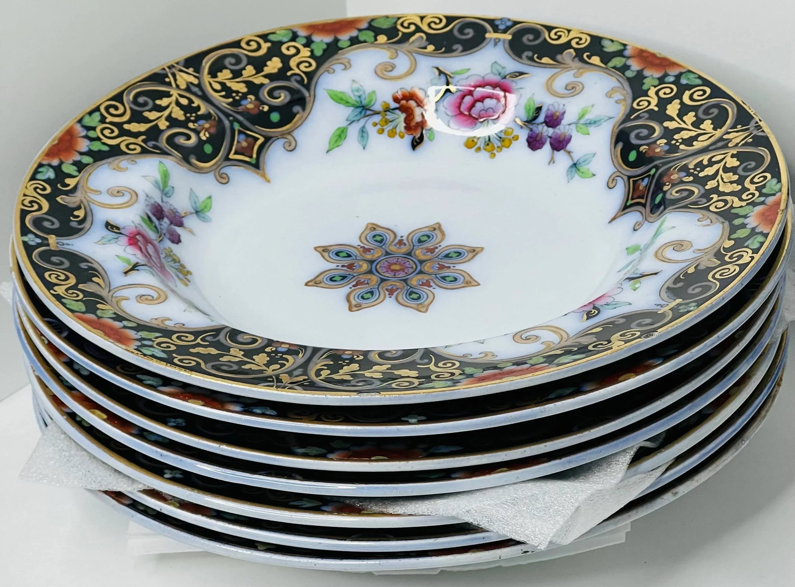 C.1845 to 1850. Minton Flow Blue Imari Polychrome Soup Bowls Set of 8 - 2