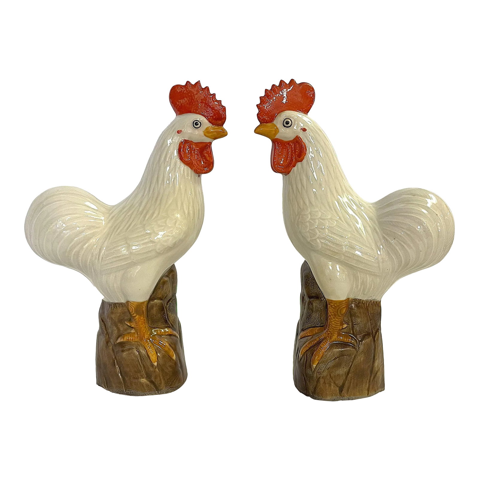 Vintage Chinese Porcelain Roosters With Incised Makers Mark- a Pair: Cute pair of Chinese import roosters from the late 20th century. They are made of porcelain with lots of detail and finished in shades of white, brown and red. Each has painted and incised Chinese