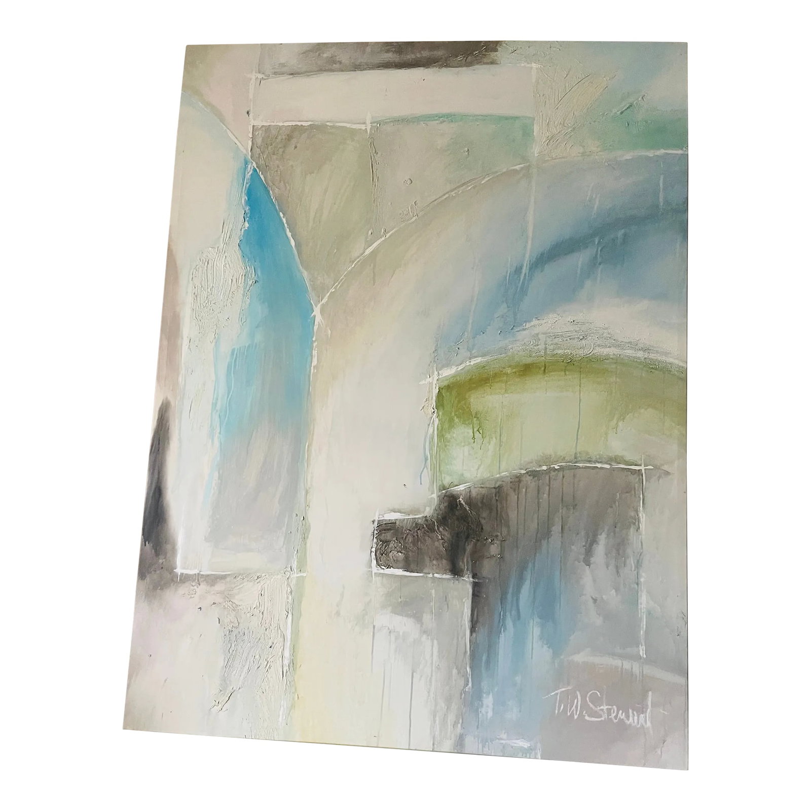 1970s Large Abstract Modern T.W.Stewart Oil on Canvas Painting: Large impressive abstract modern oil on canvas painting signed T.W.Stewart. Approximately 50" by 70". Well known artist with great output and well recorded. Condition: Alterations: Original Condition