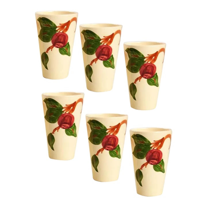 Franciscan China Apple Pattern 12 Oz Tumblers California- Set of 6: Rare set of Franciscan Apple pattern 12 oz tumblers. Hand decorated, made in California. Condition: Alterations: Original Condition Unaltered Imperfections: Some Imperfections Condition Notes: NO