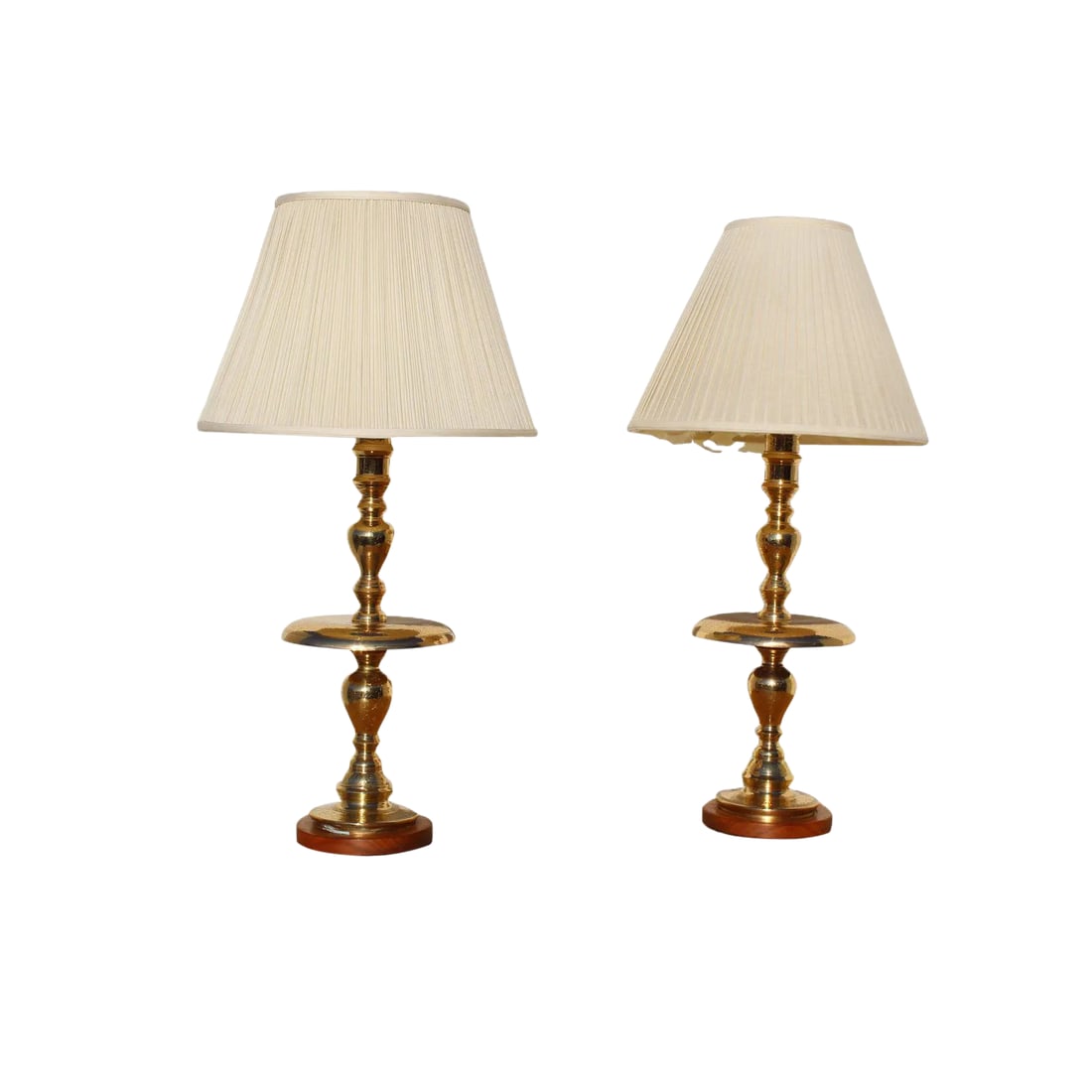 1960s Hollywood Regency Lamps with Shades - a Pair: Lovely Pr of brass lamps Hollywood Regency possibly by James Mont. Recently buffed /polished and varnished to prevent further tarnishing. Plated Silk shades although the inside of the shades is