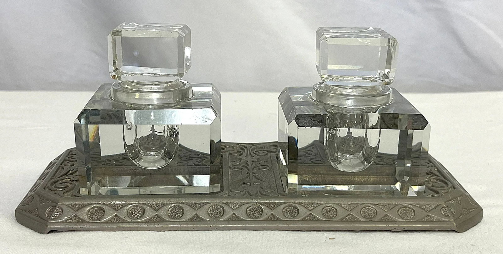 Vintage Victorian Eastlake Style Metal and Crystal Double Inkwell - 11