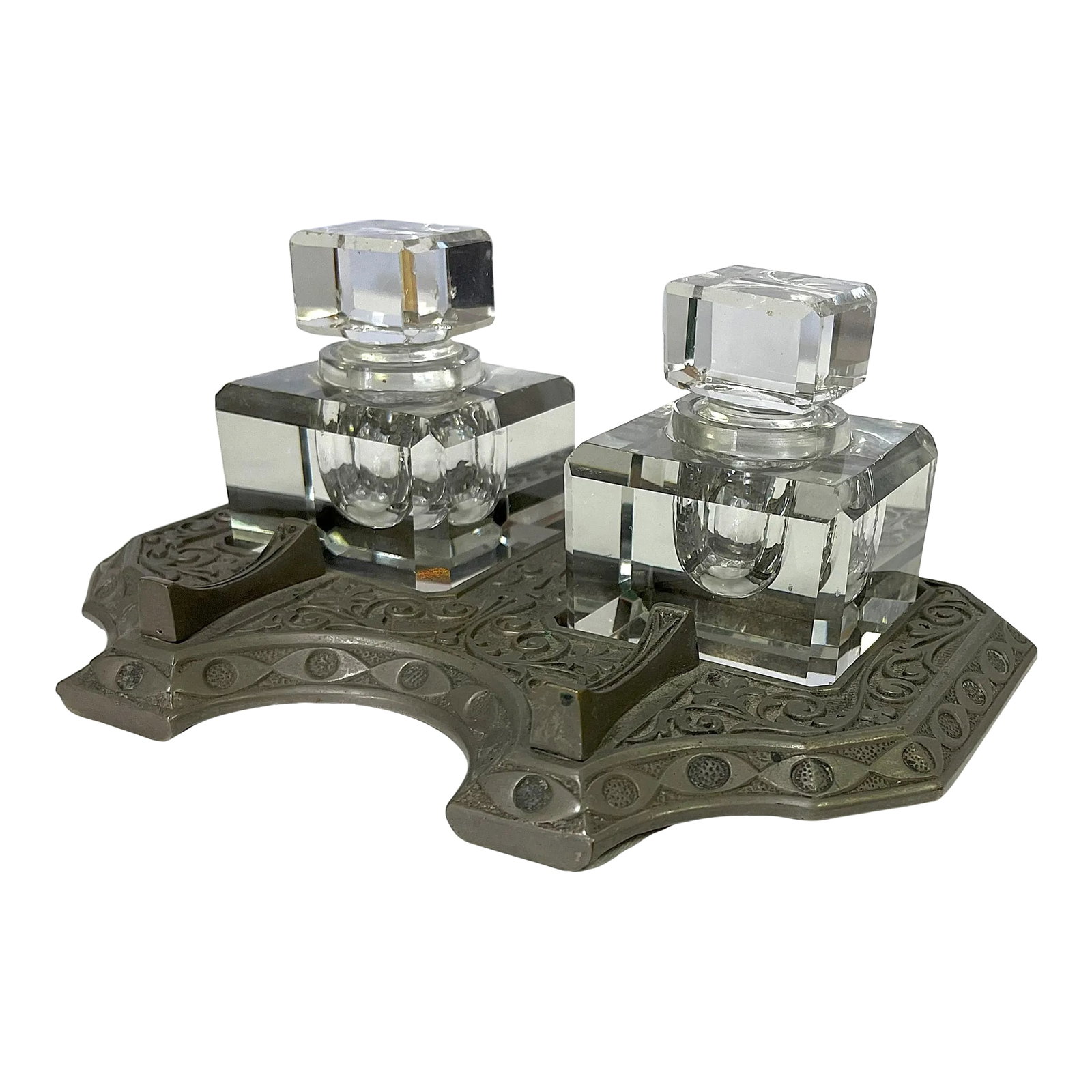 Vintage Victorian Eastlake Style Metal and Crystal Double Inkwell: Well-crafted vintage double inkwell. The base is made of metal in the Victorian Eastlake style with embossed scroll designs. It is marked 'Pat. July 28,1872' and 'B.B. No. 8.' It includes two very