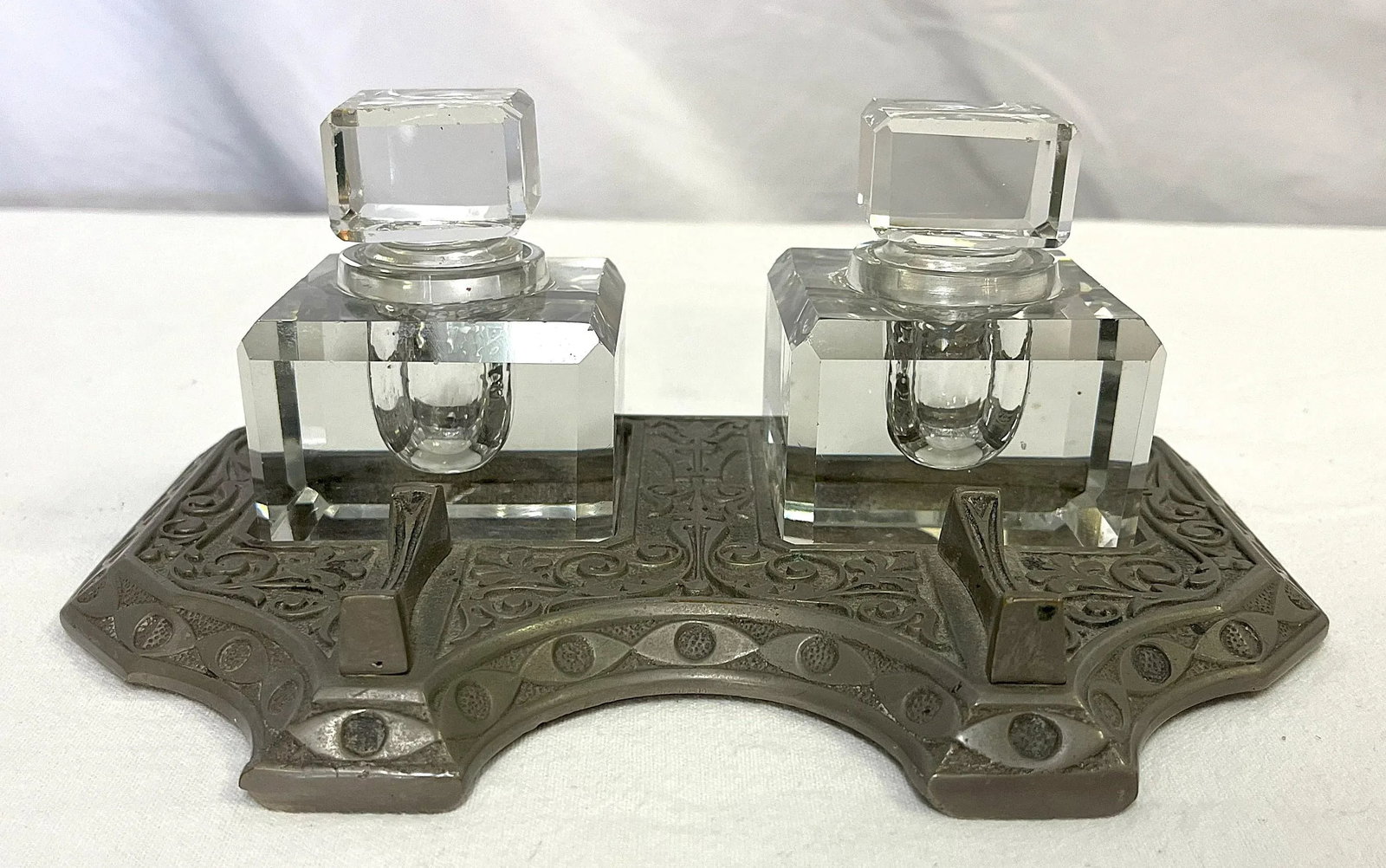 Vintage Victorian Eastlake Style Metal and Crystal Double Inkwell - 2