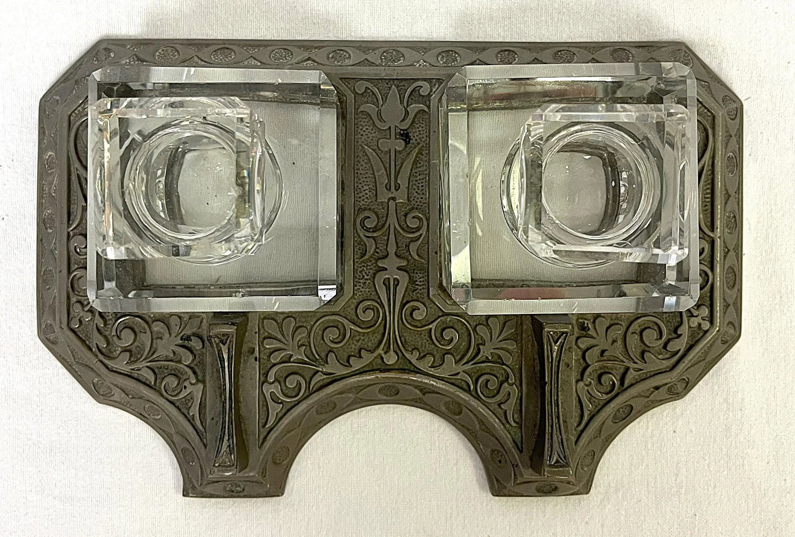 Vintage Victorian Eastlake Style Metal and Crystal Double Inkwell - 3