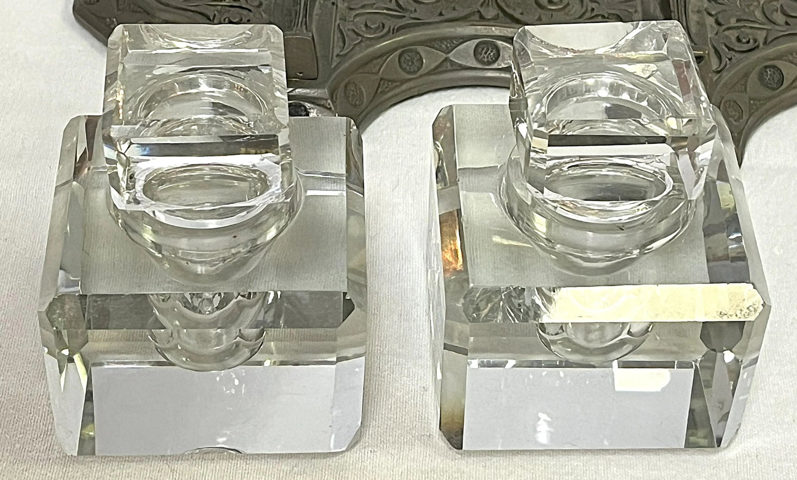 Vintage Victorian Eastlake Style Metal and Crystal Double Inkwell - 4