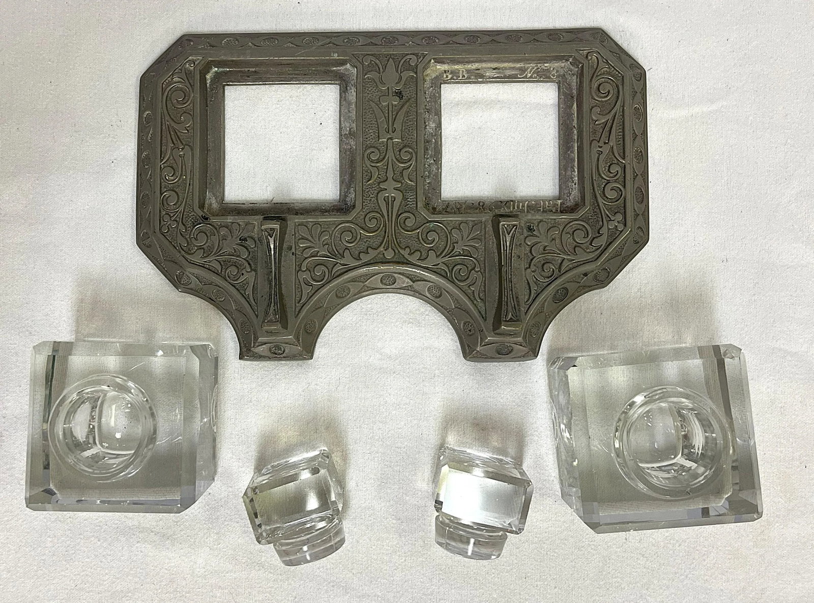 Vintage Victorian Eastlake Style Metal and Crystal Double Inkwell - 5