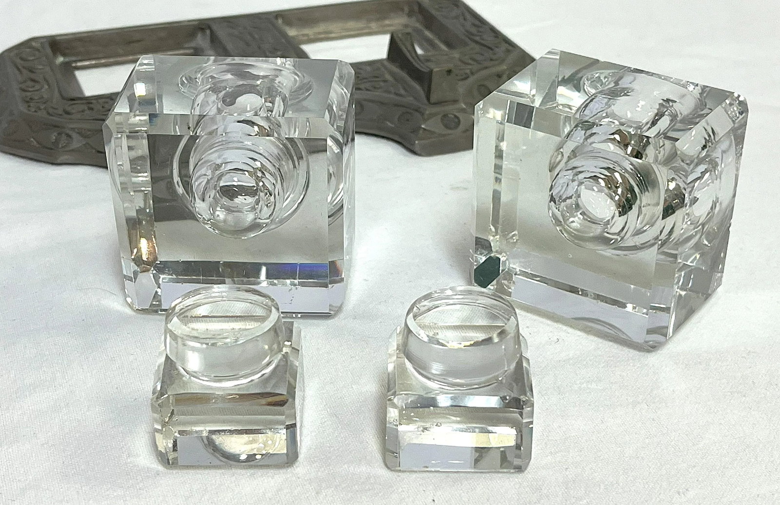 Vintage Victorian Eastlake Style Metal and Crystal Double Inkwell - 8