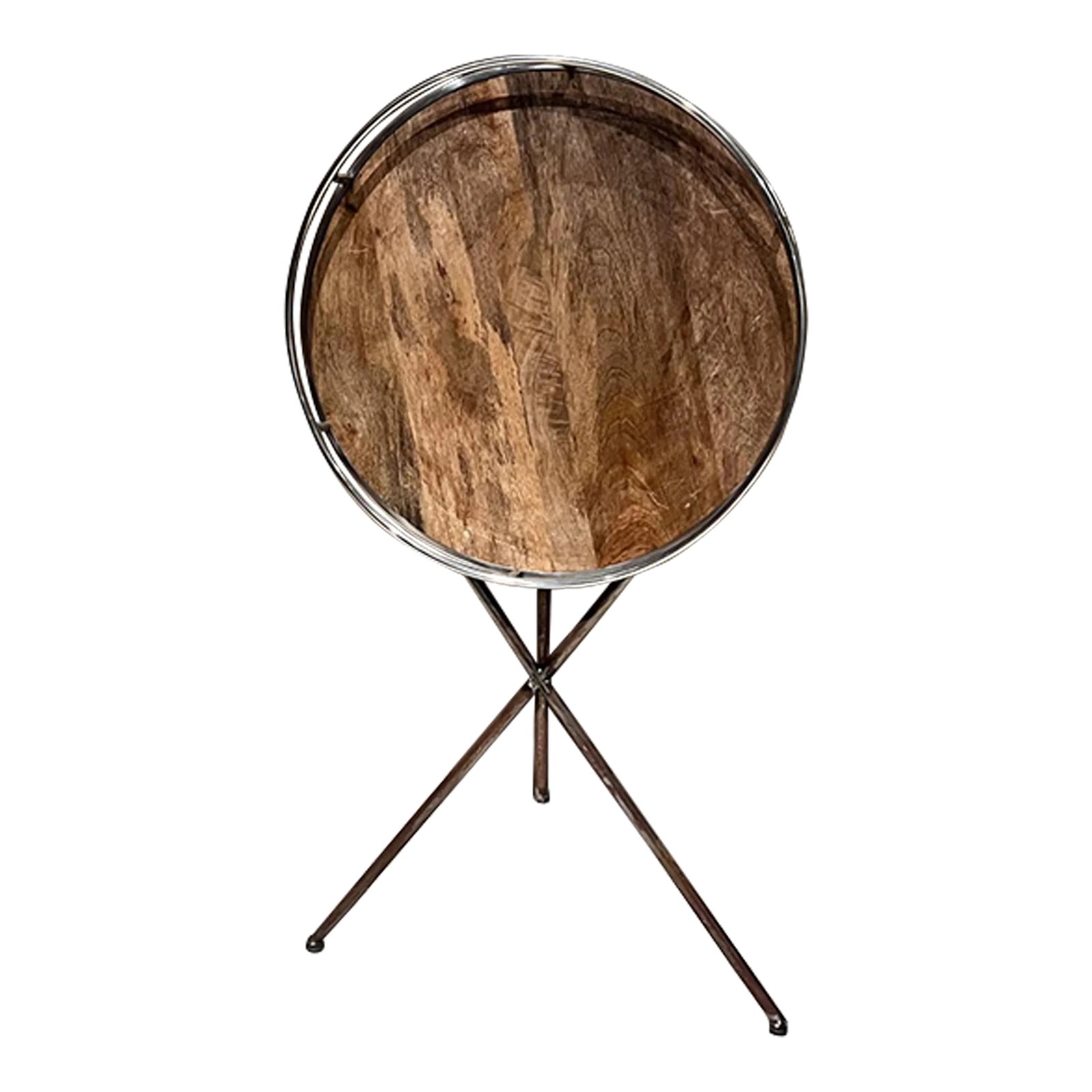Vintage French Tripod Tray Table, Metal & Wood, Mid-Century 1970s: For your consideration, a 1970s french serving tray folding table. Mid-Century Modern / French Bistro style. Round wooden tray top nestled in a chrome/metal galleried rim. Patinated metal tripod