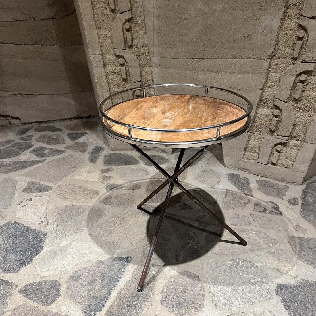 Vintage French Tripod Tray Table, Metal & Wood, Mid-Century 1970s - 2