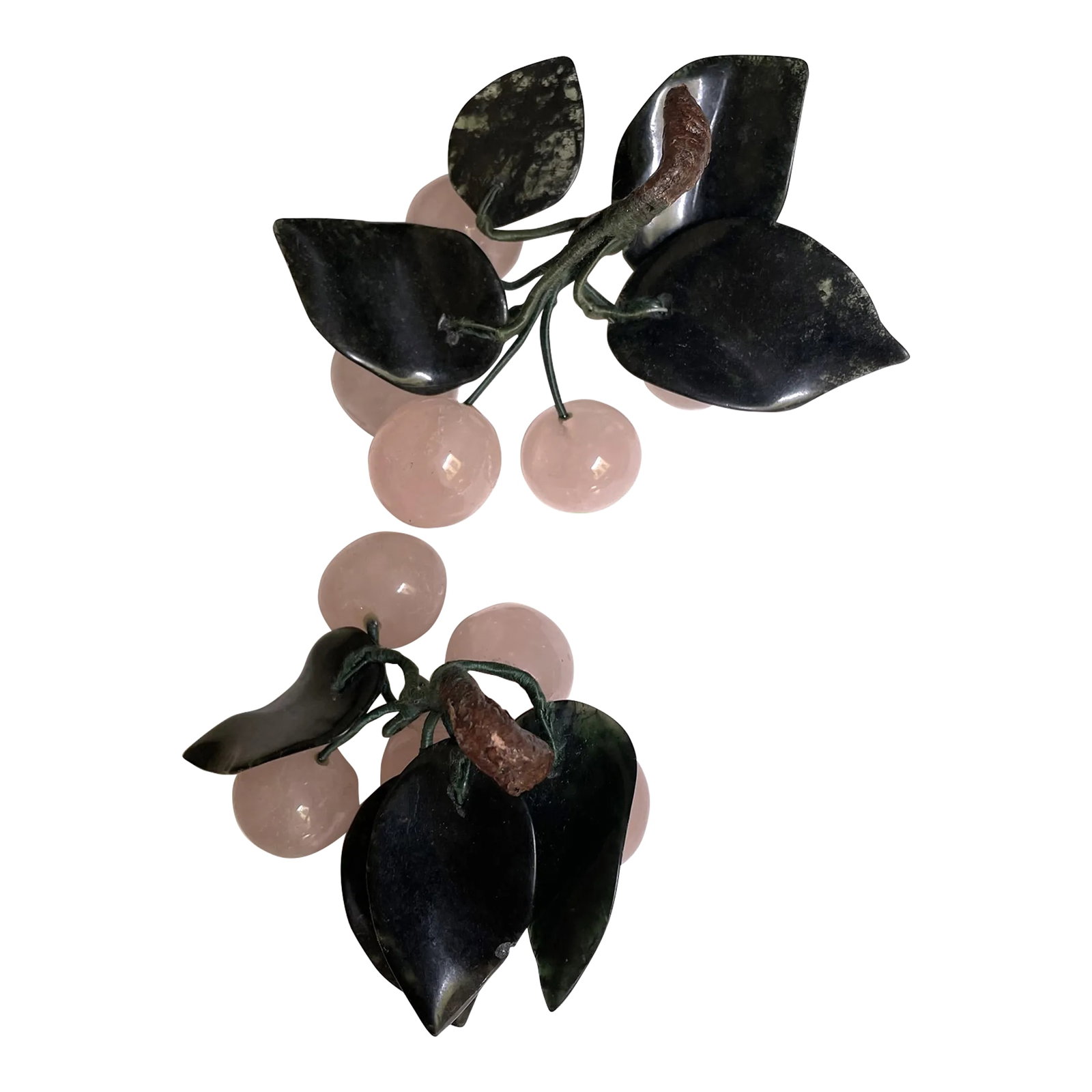 Mid 20th Century Asian Rose Quartz Cherry Bunches Jade Leaves Hard Stone Fruit Pair: These cherry bunches are so cute and harder to find than other fruit. The cherries are carved rose quartz, the leaves are carved jade and the stems are flexible green wrapped wire with a brown