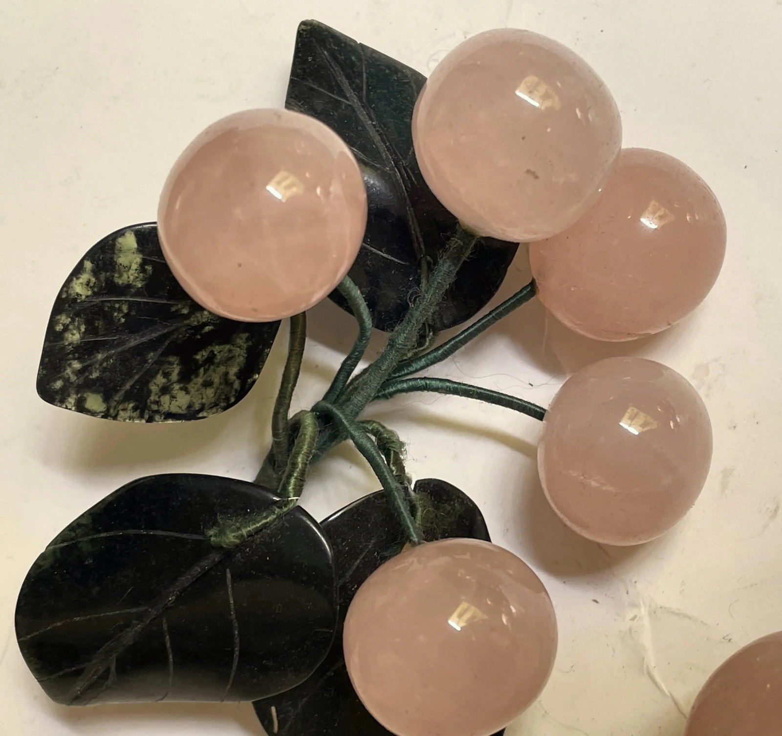 Mid 20th Century Asian Rose Quartz Cherry Bunches Jade Leaves Hard Stone Fruit Pair - 3