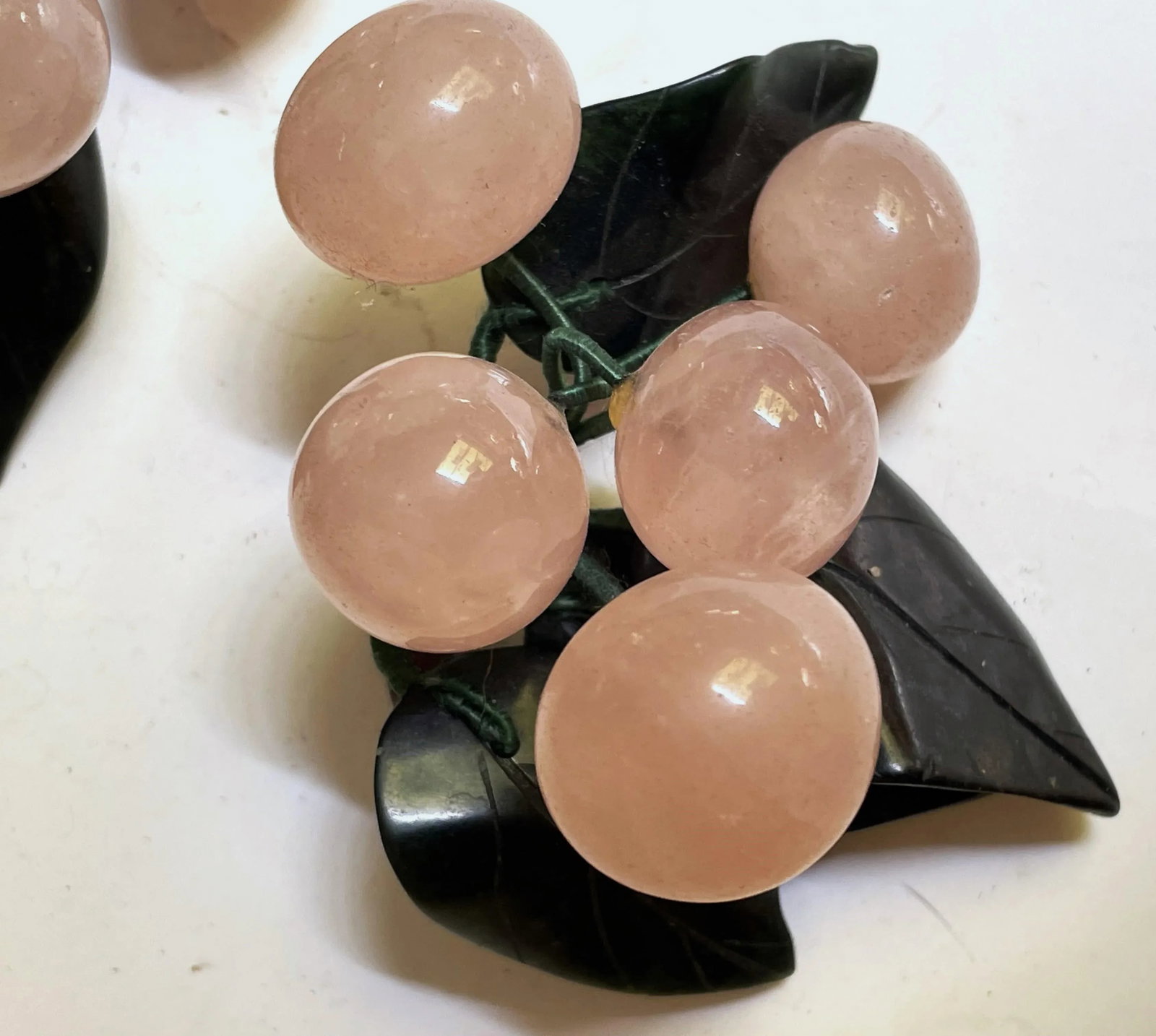 Mid 20th Century Asian Rose Quartz Cherry Bunches Jade Leaves Hard Stone Fruit Pair - 5