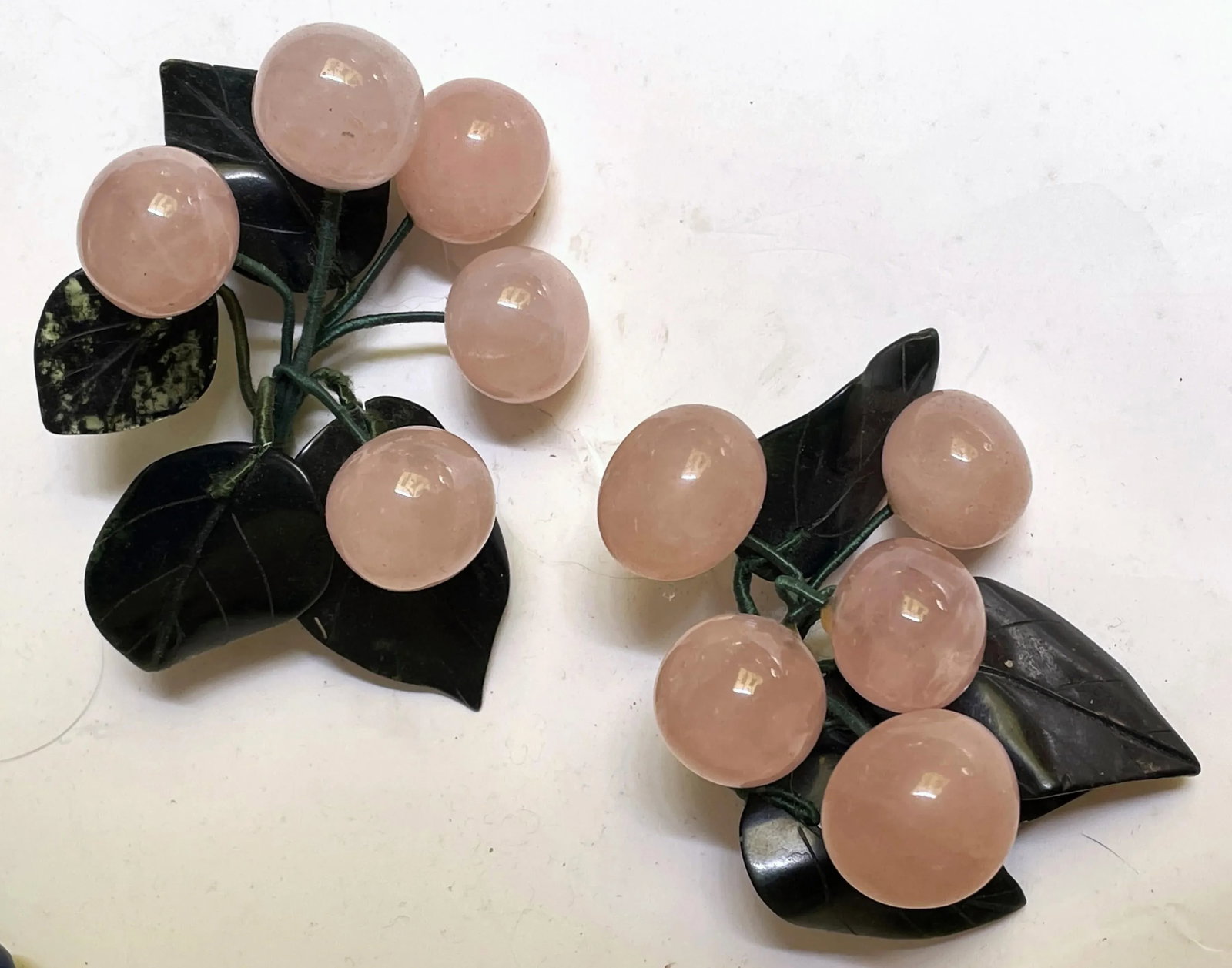 Mid 20th Century Asian Rose Quartz Cherry Bunches Jade Leaves Hard Stone Fruit Pair - 6