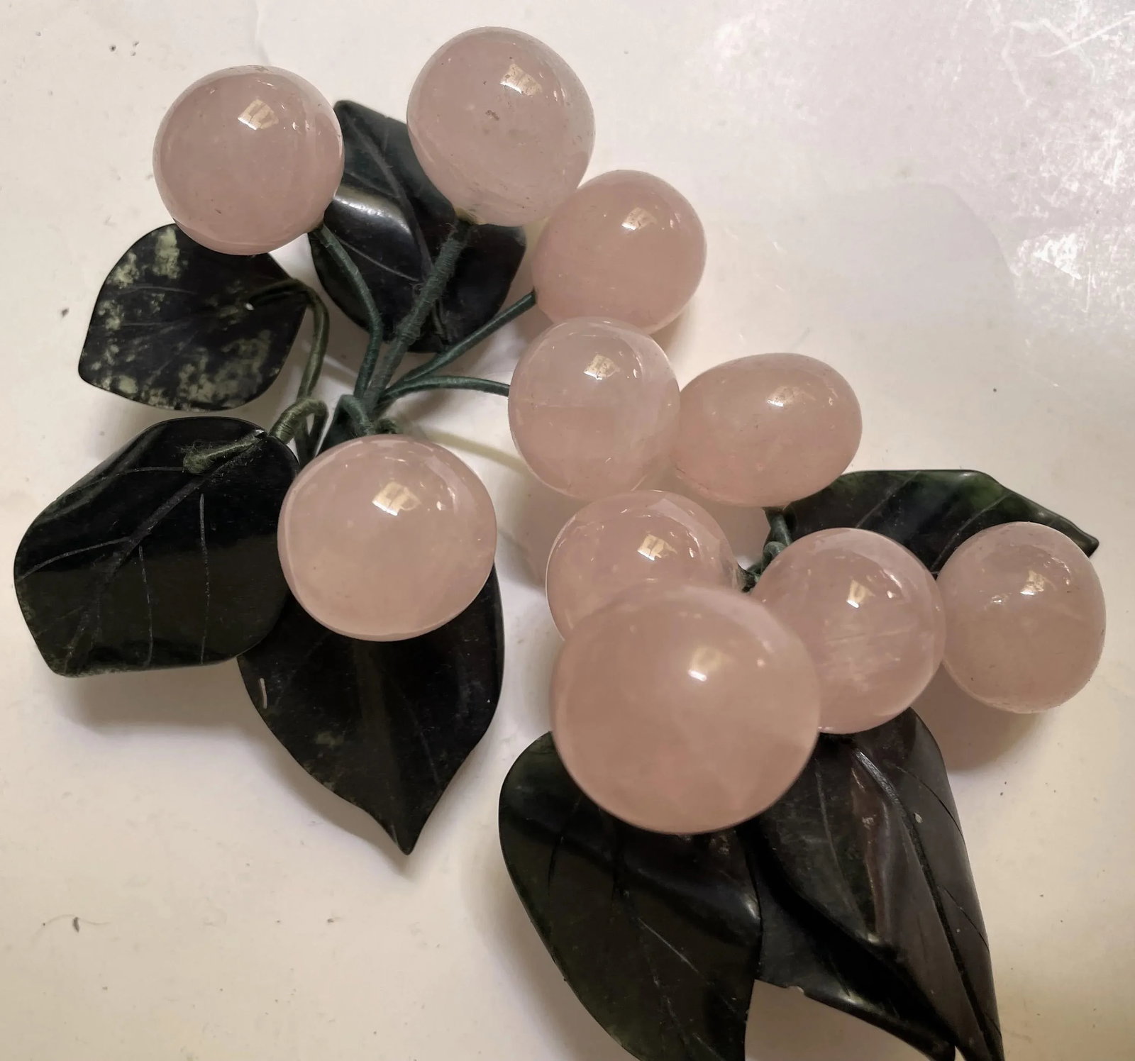 Mid 20th Century Asian Rose Quartz Cherry Bunches Jade Leaves Hard Stone Fruit Pair - 7