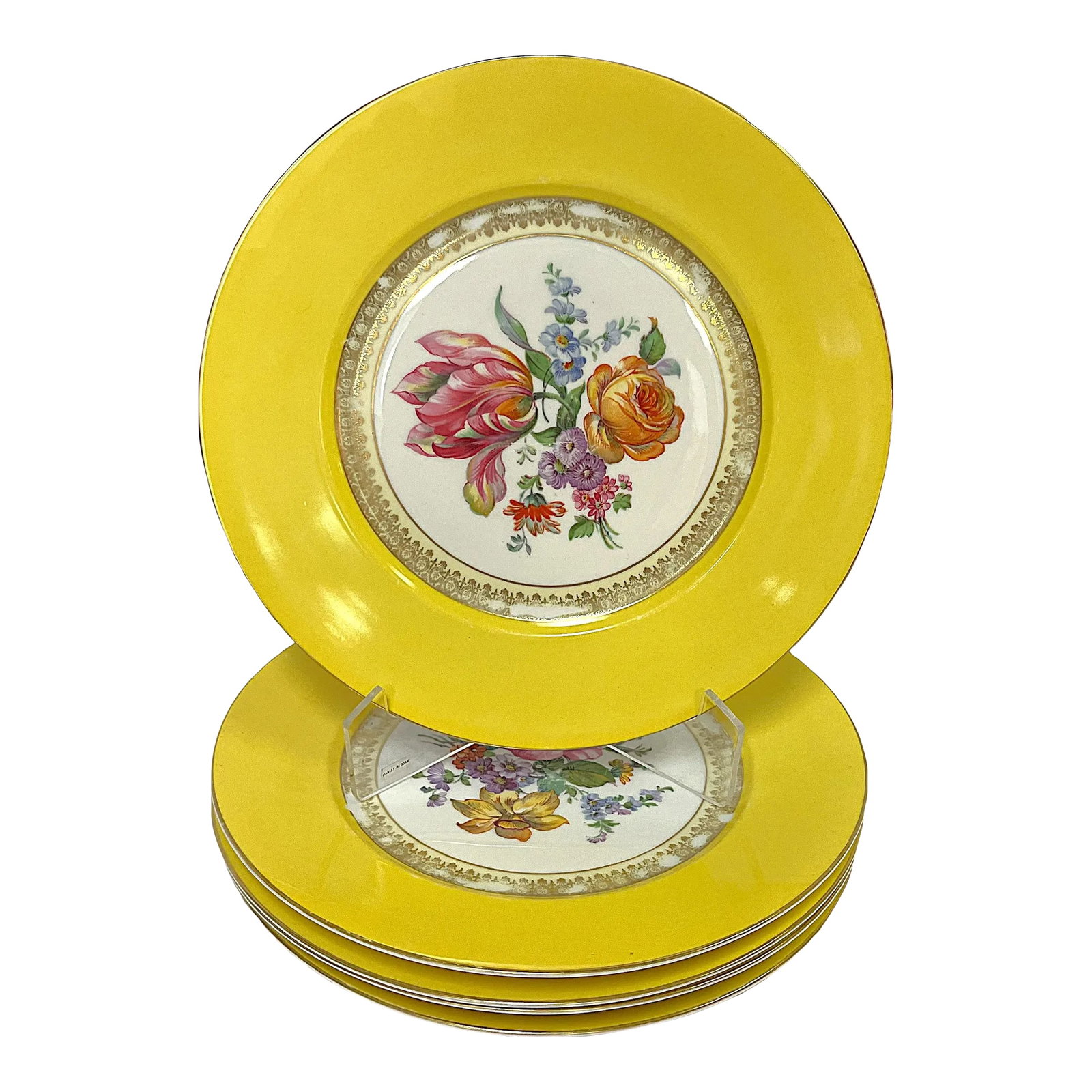 Vintage Victoria Czechoslovakia Floral Design Porcelain Dinner Plates- Set of 5: Bright and colorful set of five vintage Victoria Czechoslovakia dinner plates from the mid 20th century. The are made of porcelain with various center floral patterns, gold trim and a thick yellow