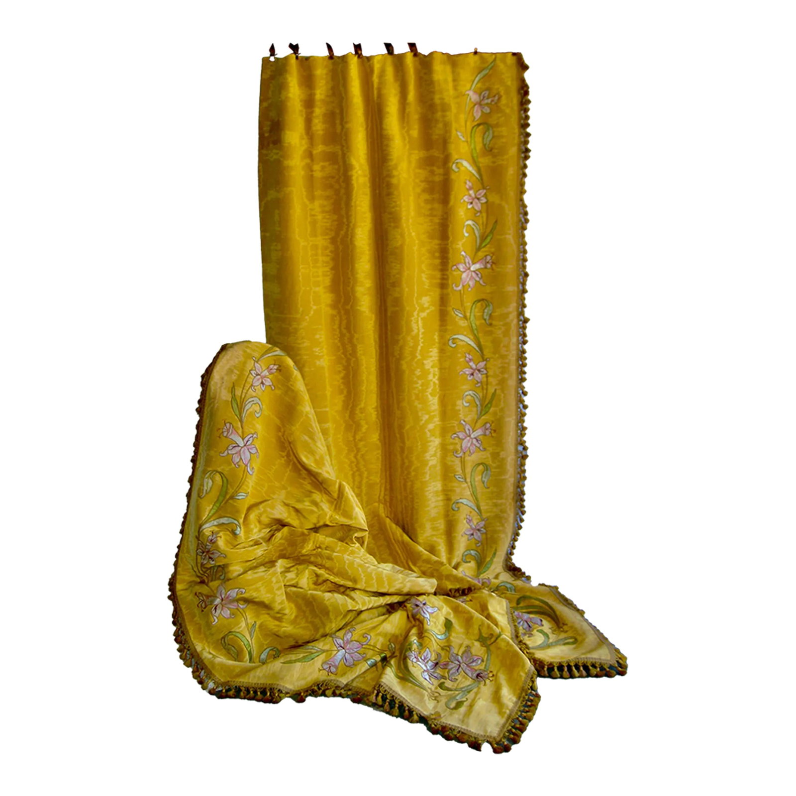 Early 19th Century French Yellow Floral Moire Silk Castles Curtain- Drapes With Flowers Appliqué: One of the best and most beautiful set we found for a very long time this pair is absolutely stunning by the quality and the coloring , on a very worm and rich yellow moire silk you will find a stunni