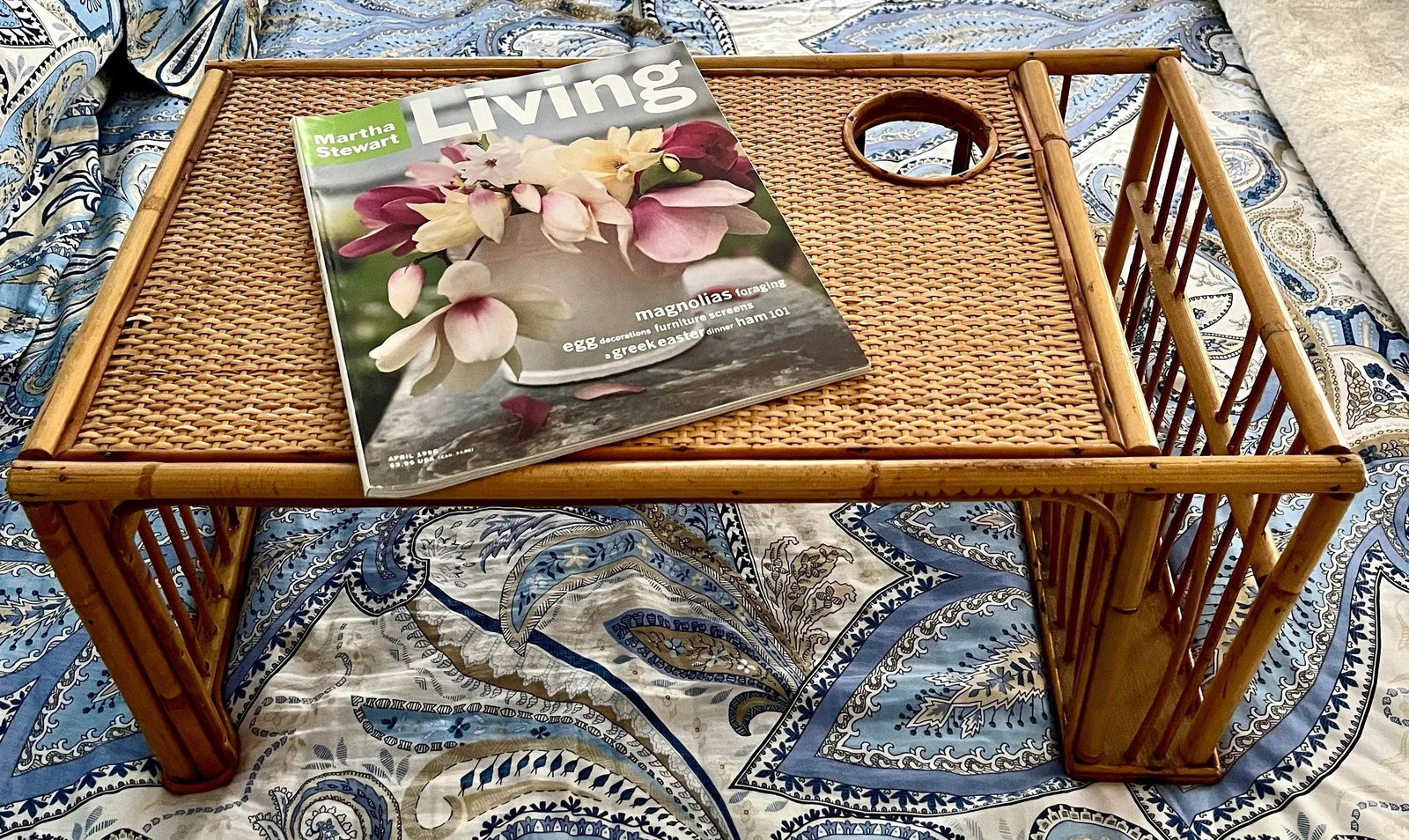 1970s Bamboo and Rattan Bed Tray Breakfast Tray With Cup Holder and Magazine / Newspaper Side Storag - 2