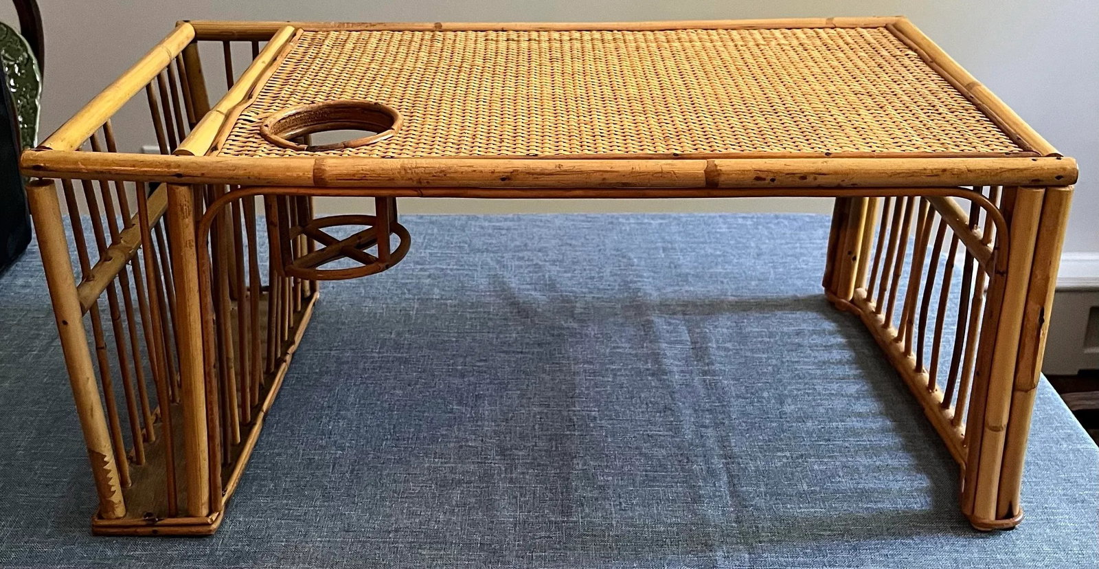 1970s Bamboo and Rattan Bed Tray Breakfast Tray With Cup Holder and Magazine / Newspaper Side Storag - 4