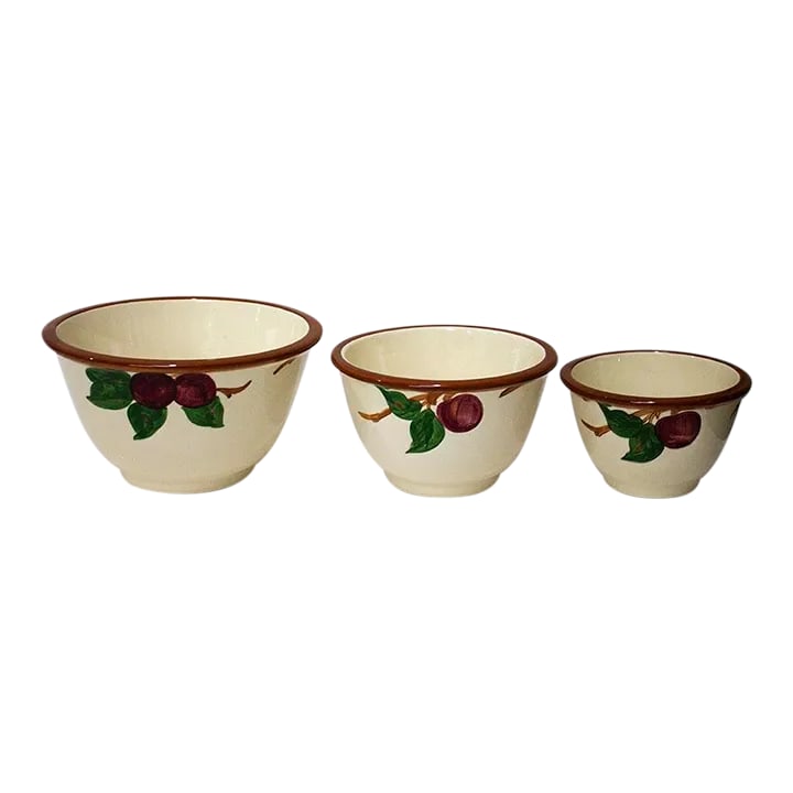 Franciscan Apple Pattern 3 Pc Mixing Bowl Set - Gladding McBean: Rare set of 3 vintage mixing bowls from Franciscan China in the popular Apple Pattern made by the sought after Gladding McBean Co. Graduated sizes are 9, 7, & 5 inches, oven safe, hand decorated
