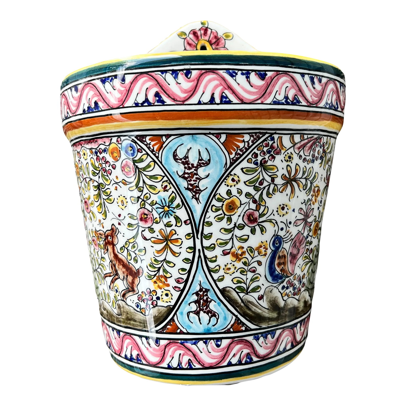 Ceramica De Caimbra Hand Painted Portuguese Faience Wall Pocket Depicting a Forest Scene of Woodland: Hand painted Ceramica de Caimbra Portugese faience wall pocket featuring woodland animals, This lovely piece will make a wonderful addition to your collection or plate wall. Can be displayed wall
