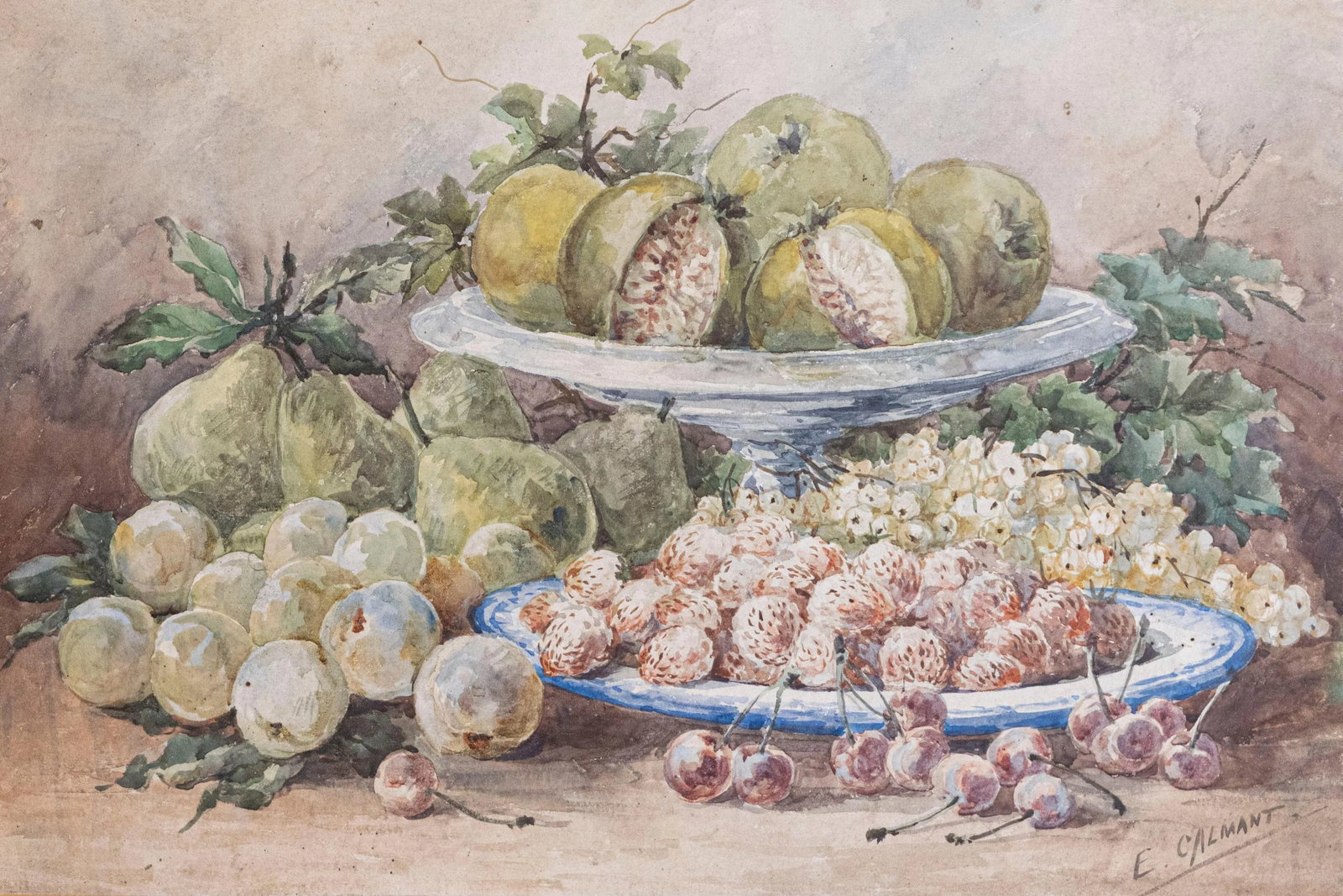 French Framed 19th Century Watercolor Depicting Fruits, Signed E Calmant - 3