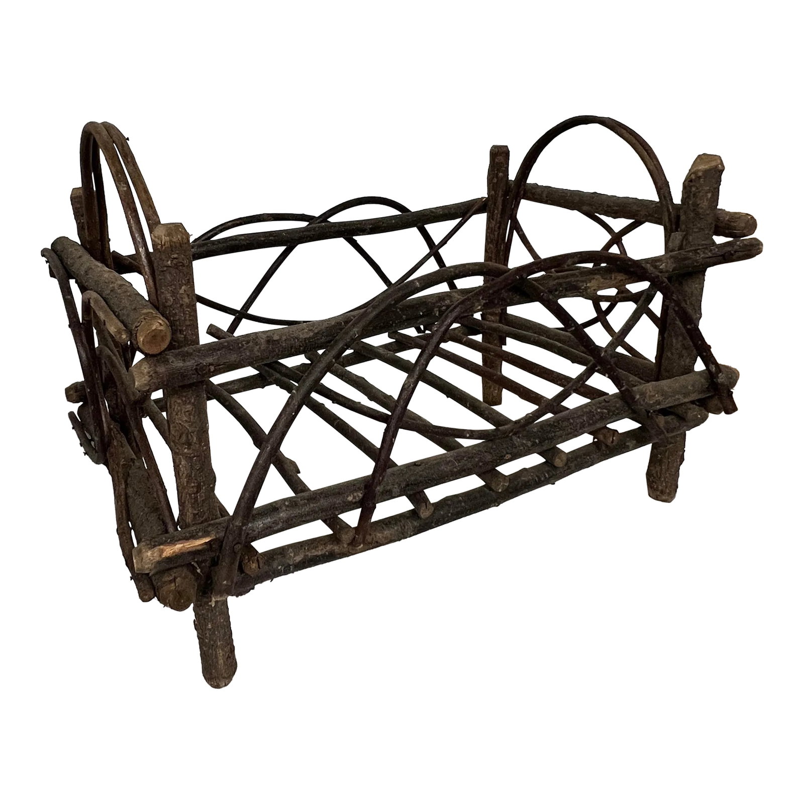 Handmade Primitive Folk Art Twig Construction Kindling Holder: Handmade primitive twig construction kindling holder. Could also be used for extra pillows, blankets or magazines. You will need a footprint equal to 20" w x 14" d x 24" h for this item. Lends itself