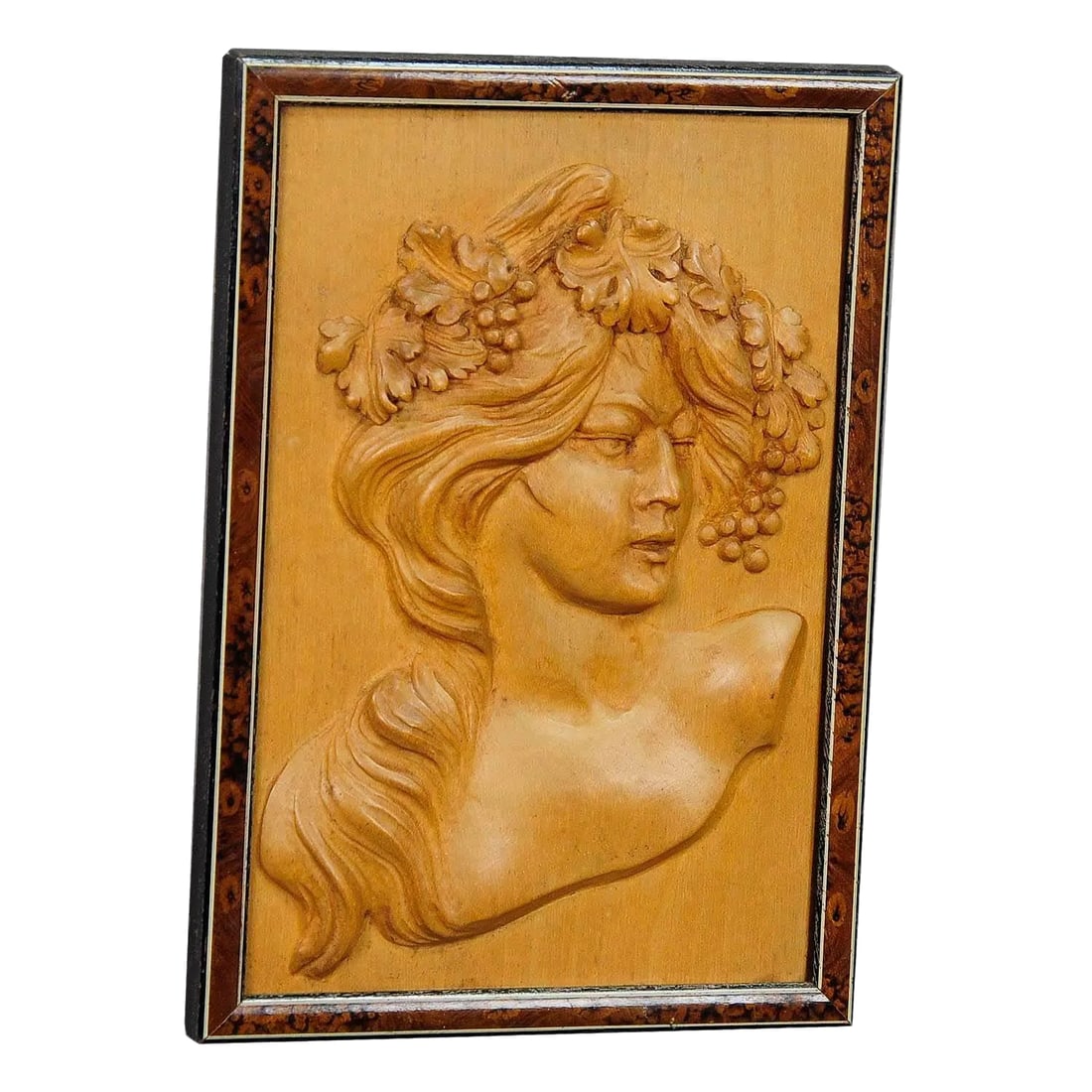 Wooden Carved Victorian Lady Wall Plaque, Circa 1920: Wooden Carved Victorian Lady Wall Plaque, circa 1920 A lovely wooden wall application depicting a Victorian lady with grapes and wine leaves in her hair. Handcarved circa 1920 in Germany. Measures: